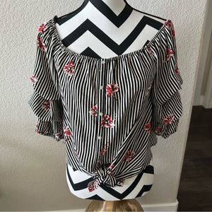 OLM || black & white striped floral printed blouse